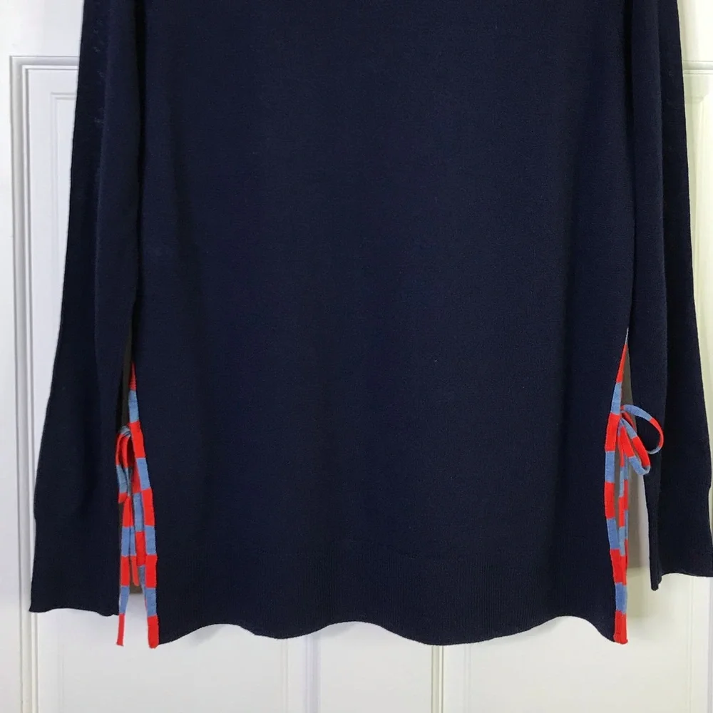 J. CREW Merino Wool Navy Sweater Side Slit Ties Size M